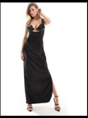 Elegant Black Satin Maxi Dress with Cutout and Side Slit By Aria Cove Size 6.